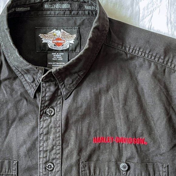 Harley Davidson Work Shirt Mens L Button-Down Long Sleeve Black Red Embroidered - Picture 8 of 11